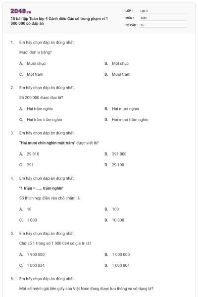 15 bài tập Toán lớp 4 Cánh diều Các số trong phạm vi 1 000 000 có đáp án