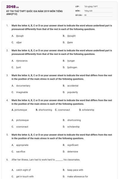 KỲ THI THỬ THPT QUỐC GIA NĂM 2019 MÔN TIẾNG ANH(P10)