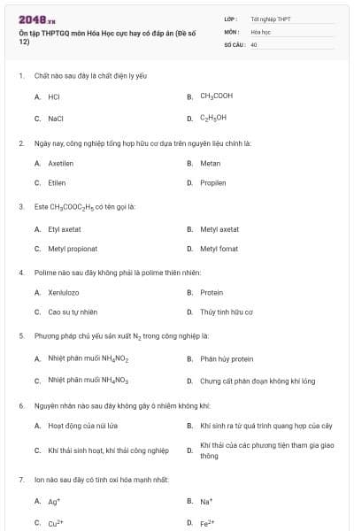 Ôn tập THPTGQ môn Hóa Học cực hay có đáp án (Đề số 12)