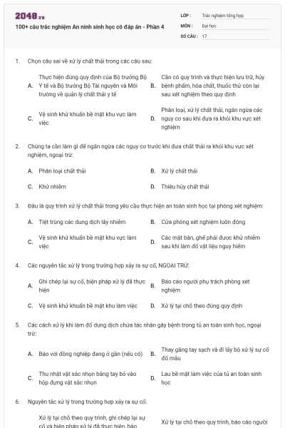 100+ câu trắc nghiệm An ninh sinh học có đáp án - Phần 4
