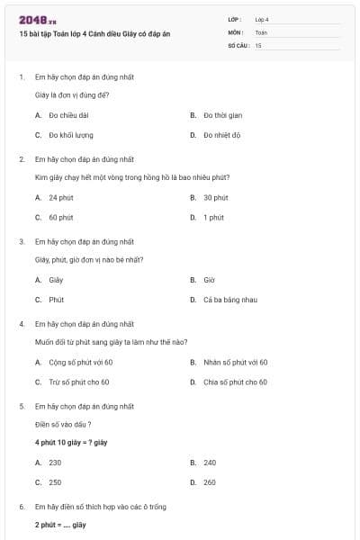 15 bài tập Toán lớp 4 Cánh diều Giây có đáp án