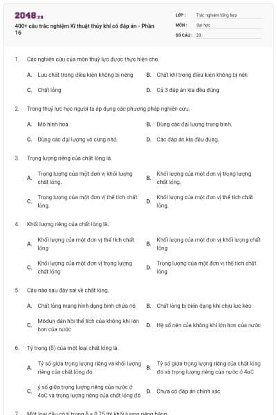 400+ câu trắc nghiệm Kĩ thuật thủy khí có đáp án - Phần 16