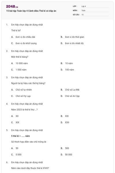 15 bài tập Toán lớp 4 Cánh diều Thế kỉ có đáp án