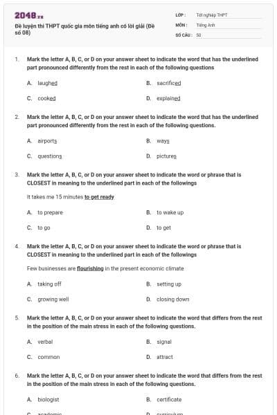 Đề luyện thi THPT quốc gia môn tiếng anh có lời giải (Đề số 08)