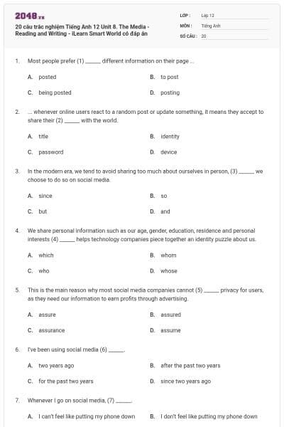 20 câu trắc nghiệm Tiếng Anh 12 Unit 8. The Media - Reading and Writing - iLearn Smart World có đáp án