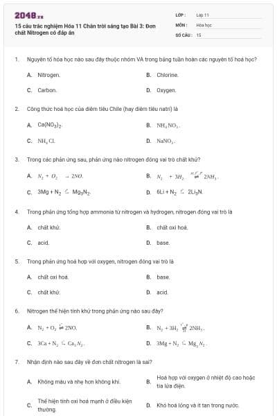 15 câu trắc nghiệm Hóa 11 Chân trời sáng tạo Bài 3: Đơn chất Nitrogen có đáp án