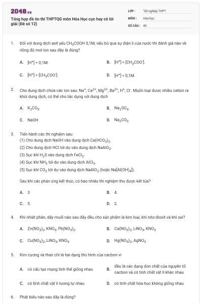 Tổng hợp đề ôn thi THPTQG môn Hóa Học cực hay có lời giải (Đề số 12)