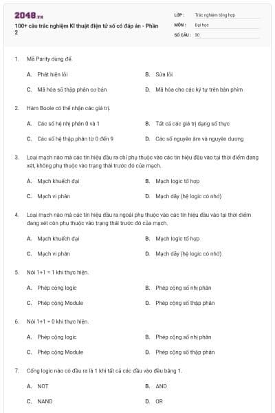 100+ câu trắc nghiệm Kĩ thuật điện tử số có đáp án - Phần 2