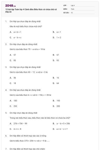 15 bài tập Toán lớp 4 Cánh diều Biểu thức có chứa chữ có đáp án