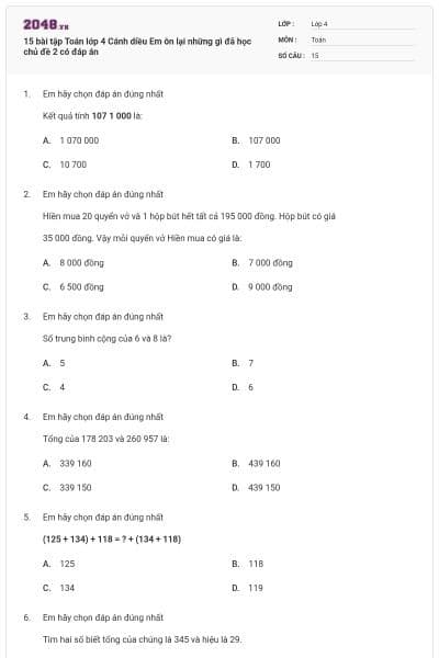 15 bài tập Toán lớp 4 Cánh diều Em ôn lại những gì đã học chủ đề 2 có đáp án