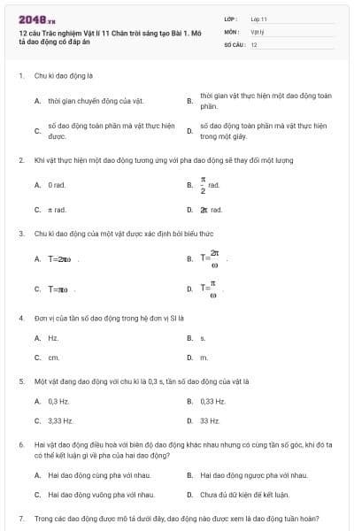 12 câu Trắc nghiệm Vật lí 11 Chân trời sáng tạo Bài 1. Mô tả dao động có đáp án