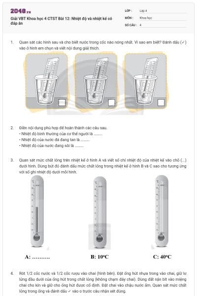 Giải VBT Khoa học 4 CTST Bài 12: Nhiệt độ và nhiệt kế có đáp án