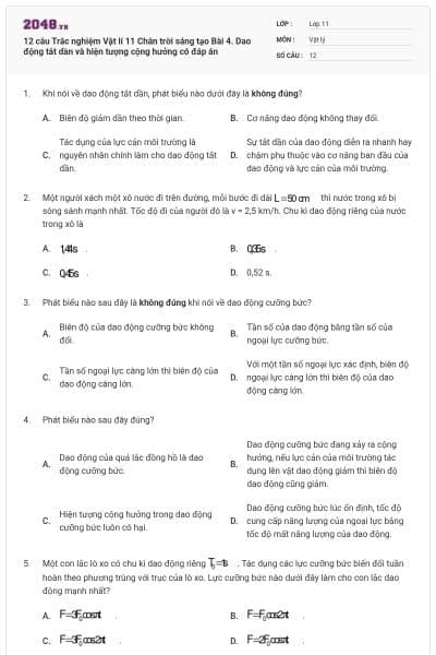 12 câu Trắc nghiệm Vật lí 11 Chân trời sáng tạo Bài 4. Dao động tắt dần và hiện tượng cộng hưởng có đáp án