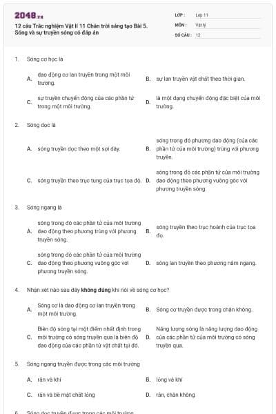 12 câu Trắc nghiệm Vật lí 11 Chân trời sáng tạo Bài 5. Sóng và sự truyền sóng có đáp án