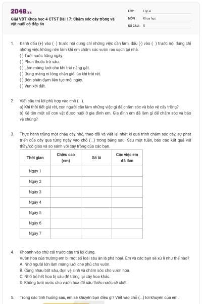 Giải VBT Khoa học 4 CTST Bài 17: Chăm sóc cây trồng và vật nuôi  có đáp án