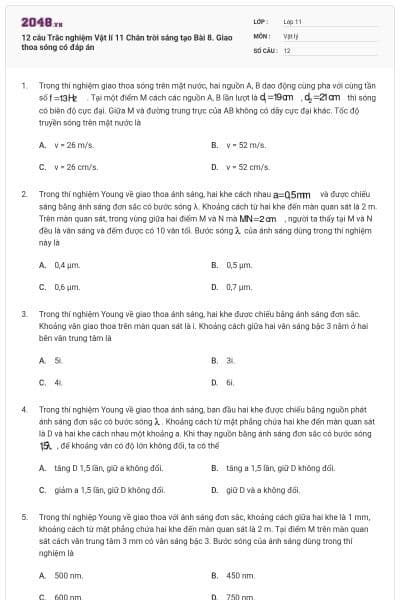 12 câu Trắc nghiệm Vật lí 11 Chân trời sáng tạo Bài 8. Giao thoa sóng có đáp án