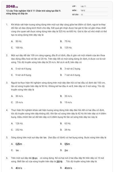 12 câu Trắc nghiệm Vật lí 11 Chân trời sáng tạo Bài 9. sóng dừng có đáp án
