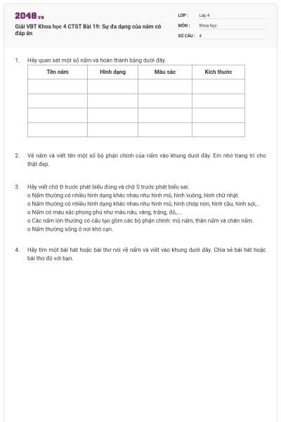 Giải VBT Khoa học 4 CTST  Bài 19: Sự đa dạng của nấm có đáp án