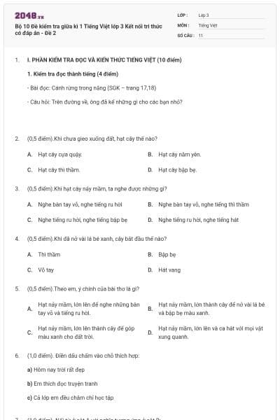 Bộ 10 Đề kiểm tra giữa kì 1 Tiếng Việt lớp 3 Kết nối tri thức có đáp án - Đề 2