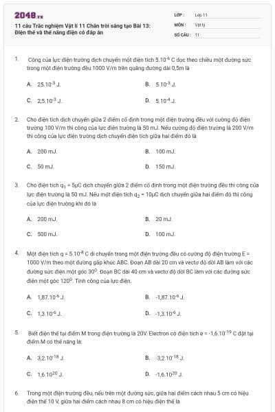 11 câu Trắc nghiệm Vật lí 11 Chân trời sáng tạo Bài 13: Điện thế và thế năng điện có đáp án