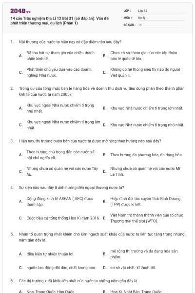 14 câu Trắc nghiệm Địa Lí 12 Bài 31 (có đáp án): Vấn đề phát triển thương mại, du lịch (Phần 1)