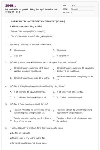 Bộ 10 Đề kiểm tra giữa kì 1 Tiếng Việt lớp 3 Kết nối tri thức có đáp án - Đề 6