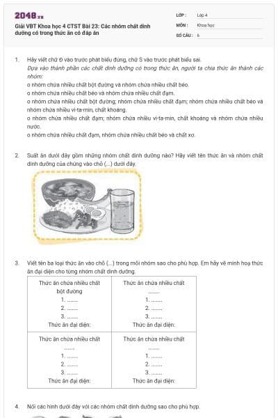 Giải VBT Khoa học 4 CTST Bài 23: Các nhóm chất dinh dưỡng có trong thức ăn có đáp án
