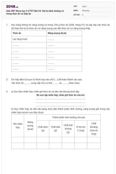 Giải VBT Khoa học 4 CTST Bài 24: Giá trị dinh dưỡng có trong thức ăn có đáp án