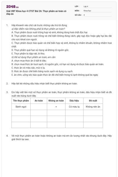 Giải VBT Khoa học 4 CTST Bài 26: Thực phẩm an toàn có đáp án