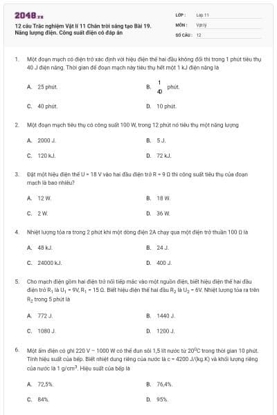 12 câu Trắc nghiệm Vật lí 11 Chân trời sáng tạo Bài 19. Năng lượng điện. Công suất điện có đáp án