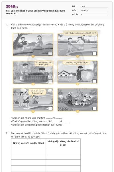 Giải VBT Khoa học 4 CTST Bài 28: Phòng tránh đuối nước có đáp án