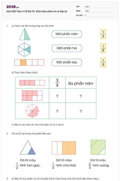 Giải SGK Toán 4 CD Bài 53. Khái niệm phân số có đáp án