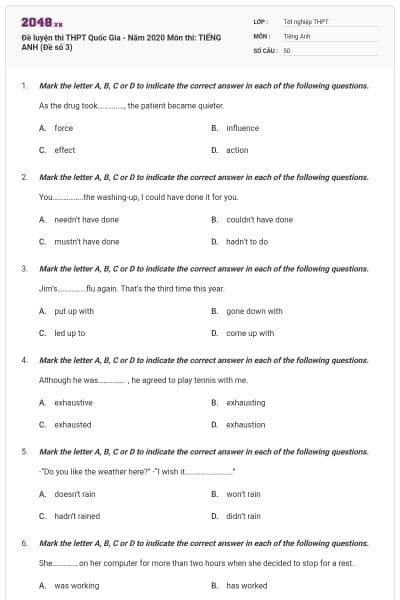 Đề luyện thi THPT Quốc Gia - Năm 2020 Môn thi: TIẾNG ANH (Đề số 3)