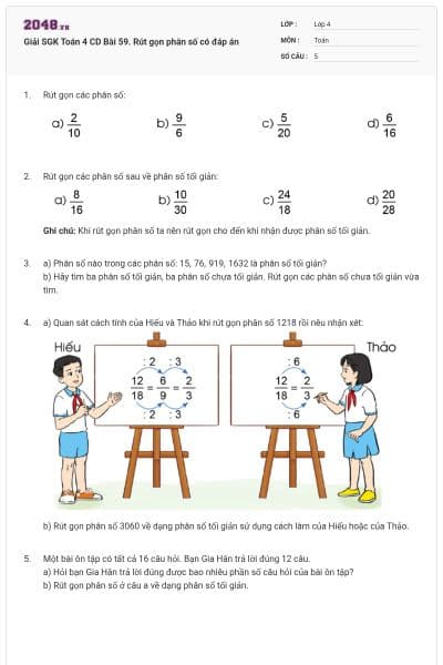 Giải SGK Toán 4 CD Bài 59. Rút gọn phân số có đáp án