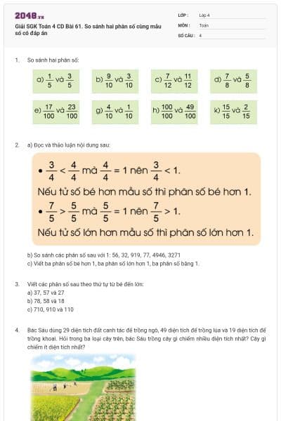 Giải SGK Toán 4 CD Bài 61. So sánh hai phân số cùng mẫu số có đáp án