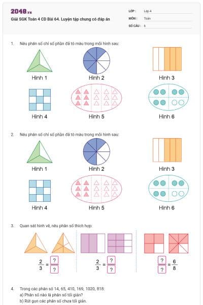 Giải SGK Toán 4 CD Bài 64. Luyện tập chung có đáp án