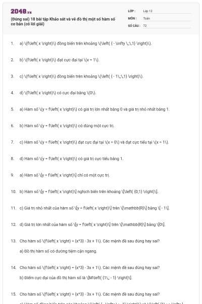 (Đúng sai) 18 bài tập Khảo sát và vẽ đồ thị một số hàm số cơ bản (có lời giải)