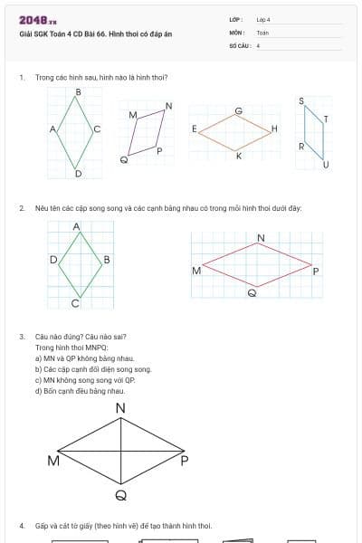 Giải SGK Toán 4 CD Bài 66. Hình thoi có đáp án