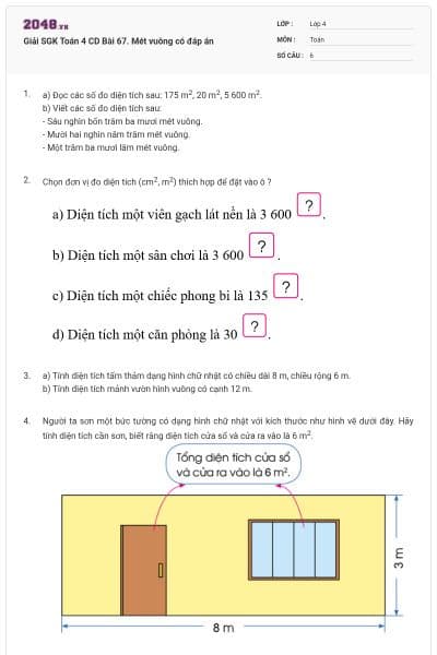 Giải SGK Toán 4 CD Bài 67. Mét vuông có đáp án
