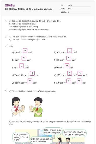 Giải SGK Toán 4 CD Bài 68. Đề-xi-mét vuông có đáp án