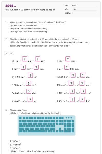 Giải SGK Toán 4 CD Bài 69. Mi-li-mét vuông có đáp án