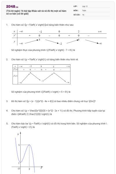 (Trả lời ngắn) 16 bài tập Khảo sát và vẽ đồ thị một số hàm số cơ bản (có lời giải)