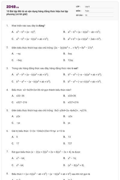 10 Bài tập Mô tả và vận dụng hằng đẳng thức hiệu hai lập phương (có lời giải)