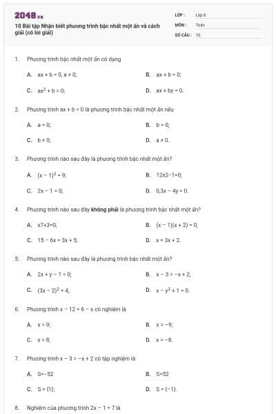 10 Bài tập Nhận biết phương trình bậc nhất một ẩn và cách giải (có lời giải)