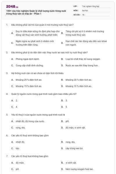 100+ câu trắc nghiệm Quản lý chất lượng nước trong nuôi trồng thủy sản có đáp án - Phần 1