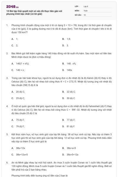 10 Bài tập Giải quyết một số vấn đề thực tiễn gắn với phương trình bậc nhất (có lời giải)