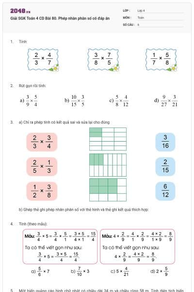 Giải SGK Toán 4 CD Bài 80. Phép nhân phân số có đáp án