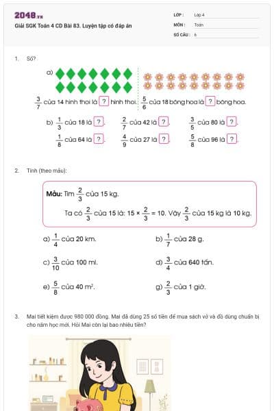 Giải SGK Toán 4 CD Bài 83. Luyện tập có đáp án