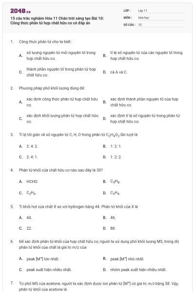 15 câu trắc nghiệm Hóa 11 Chân trời sáng tạo Bài 10: Công thức phân tử hợp chất hữu cơ có đáp án