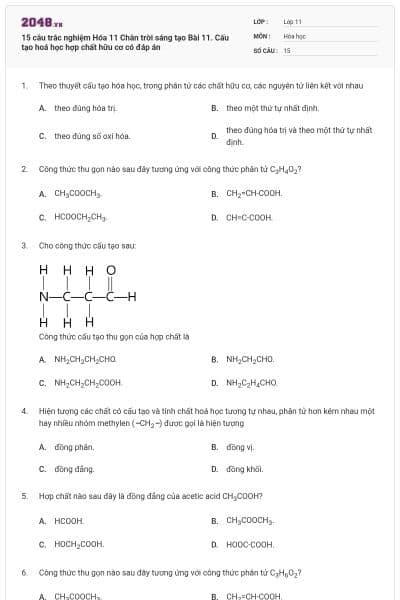 15 câu trắc nghiệm Hóa 11 Chân trời sáng tạo Bài 11. Cấu tạo hoá học hợp chất hữu cơ có đáp án